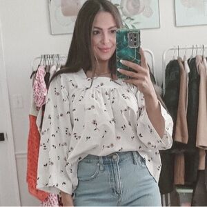 Women's Madewell XS White Floral Blouse with Purple & Orange Flowers